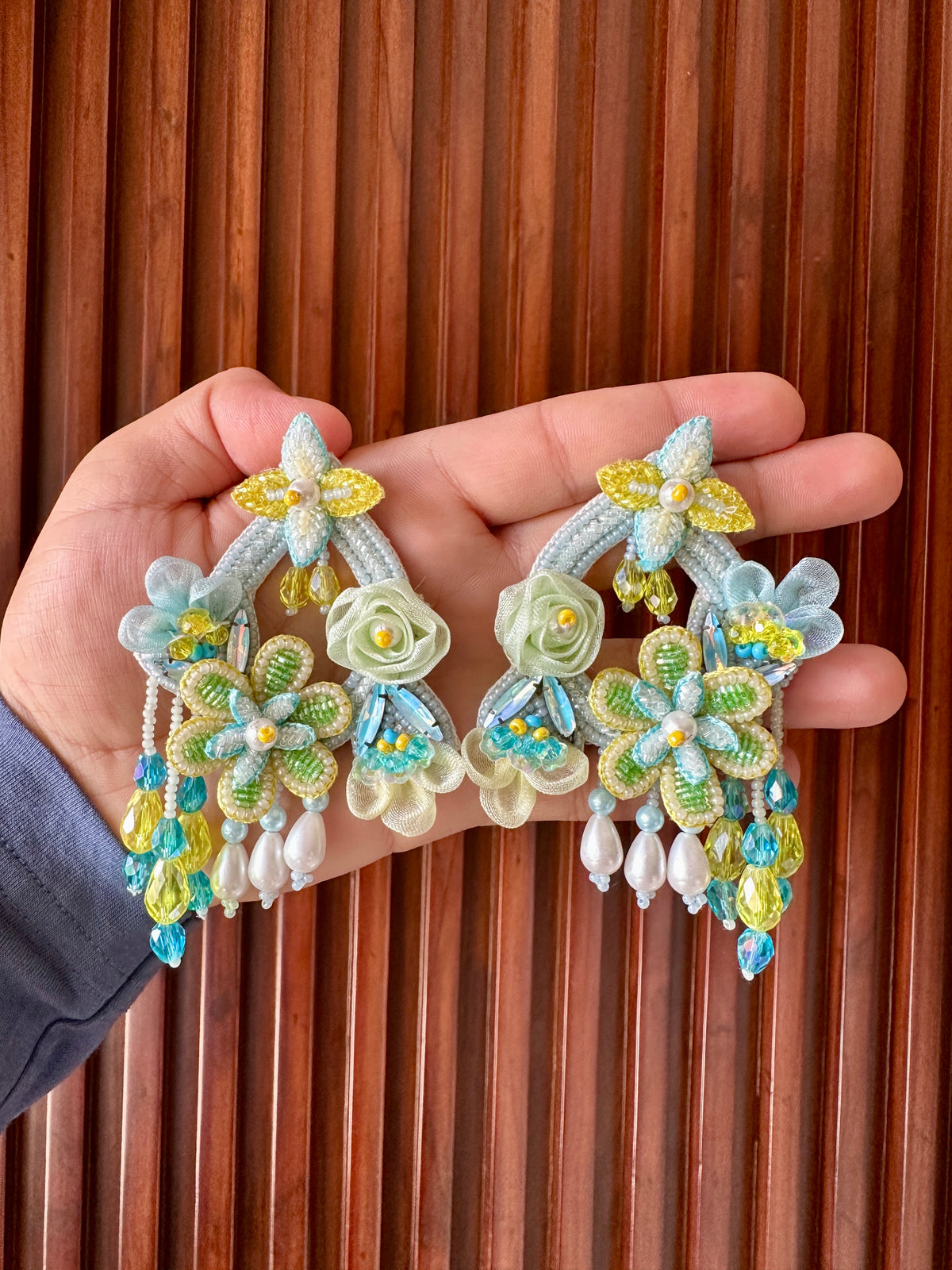 Mint & Yellow Handmade Beaded Floral Drop Earrings