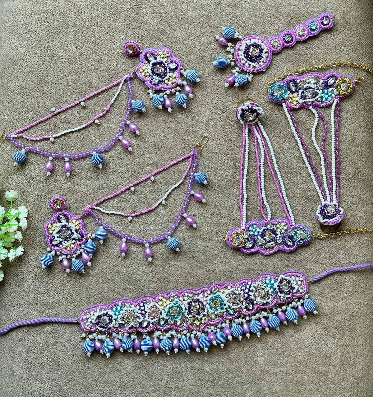 Lavender Beaded Bridal Jewellery Set – Necklace, Earrings, Tikka & Hathphool