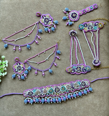 Lavender Beaded Bridal Jewellery Set – Necklace, Earrings, Tikka & Hathphool