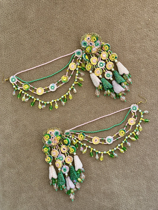 Green & Pastel Floral Beaded Earrings with Sahare