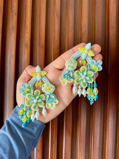 Mint & Yellow Handmade Beaded Floral Drop Earrings