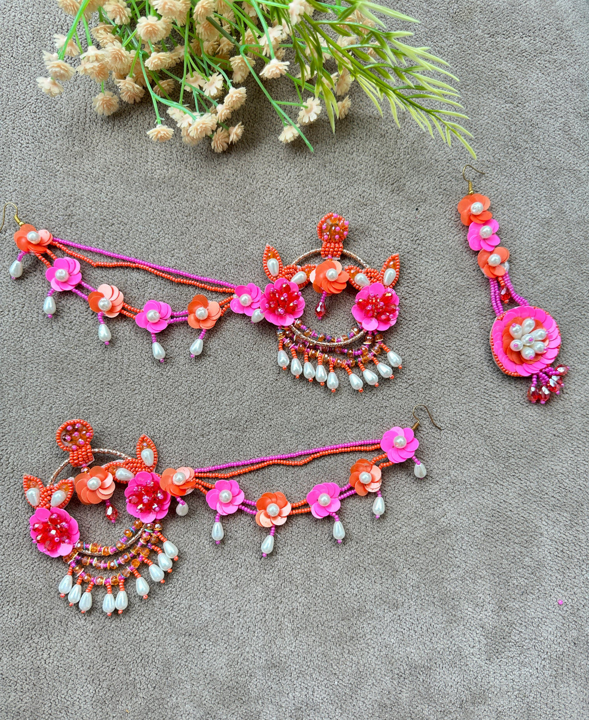 Floral Beaded Chandbali Earring Tikka Set – Hot Pink & Orange