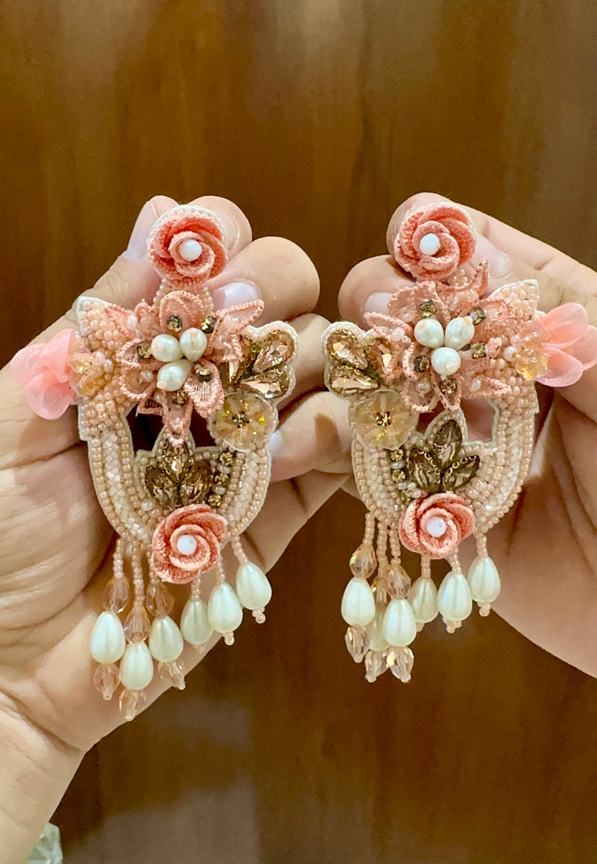 Peach Floral Handmade Beaded Earrings with Mint Drops