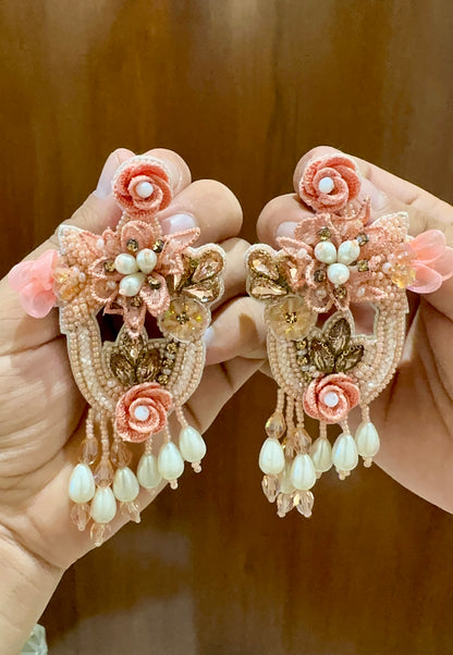 Peach Floral Handmade Beaded Earrings with Mint Drops