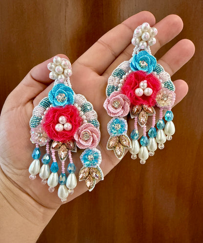 Red & Aqua Floral Beaded Earrings with Pearl-Look Drops