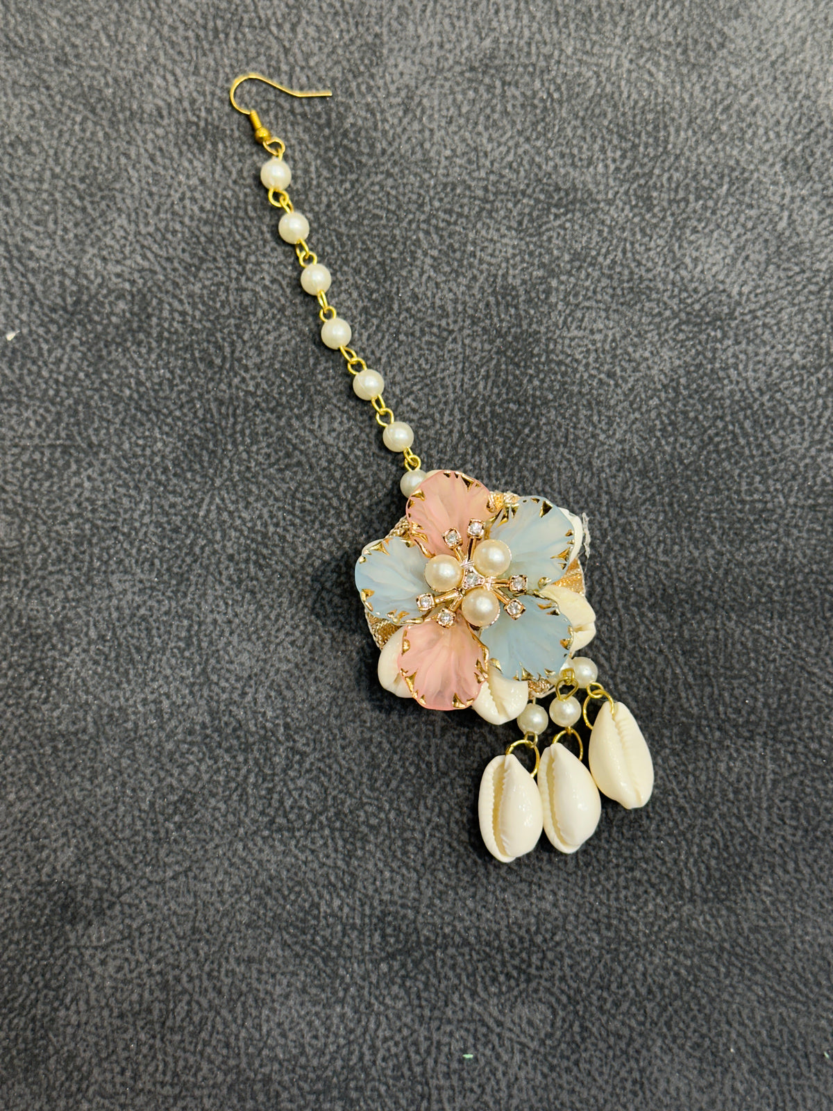 Blush Pink & Blue Cowrie Shell Floral Earring Tikka Set ET009