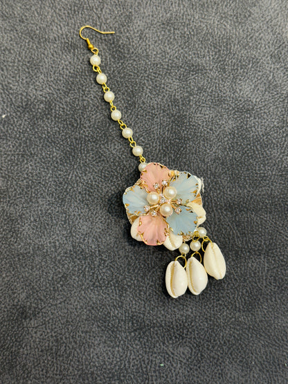 Blush Pink & Blue Cowrie Shell Floral Earring Tikka Set ET009