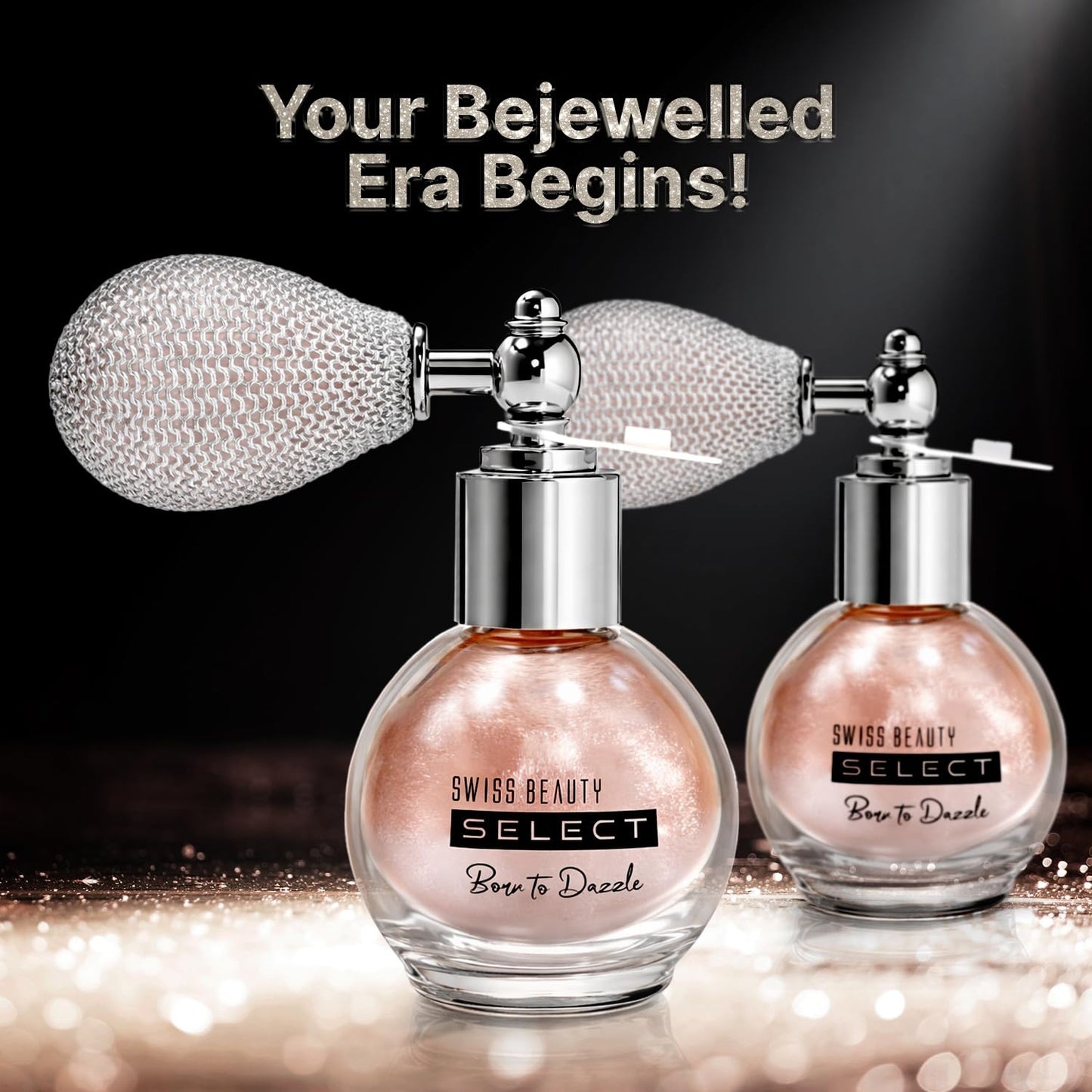 Swiss Beauty Select Born To Dazzle Glitter Spray | Pearlescent Particles | Multidimensional Shine | High-Impact Glow | Lightweight & Blendable | Gentle On The Skin | For Body & Hair | Shade- Hollywood Glam, 5gm