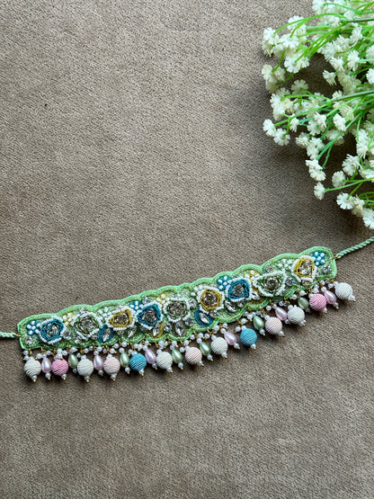 Mint Green Beaded Bridal Jewellery Set – Necklace, Earrings, Tikka & Hathphool
