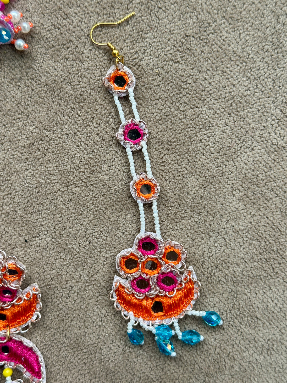 Mirror Work Beaded Jhumka Earring Tikka Set – Magenta, Orange & Turquoise