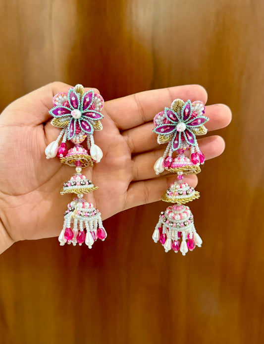 Magenta Floral Handmade Triple-Tier Jhumka Earrings