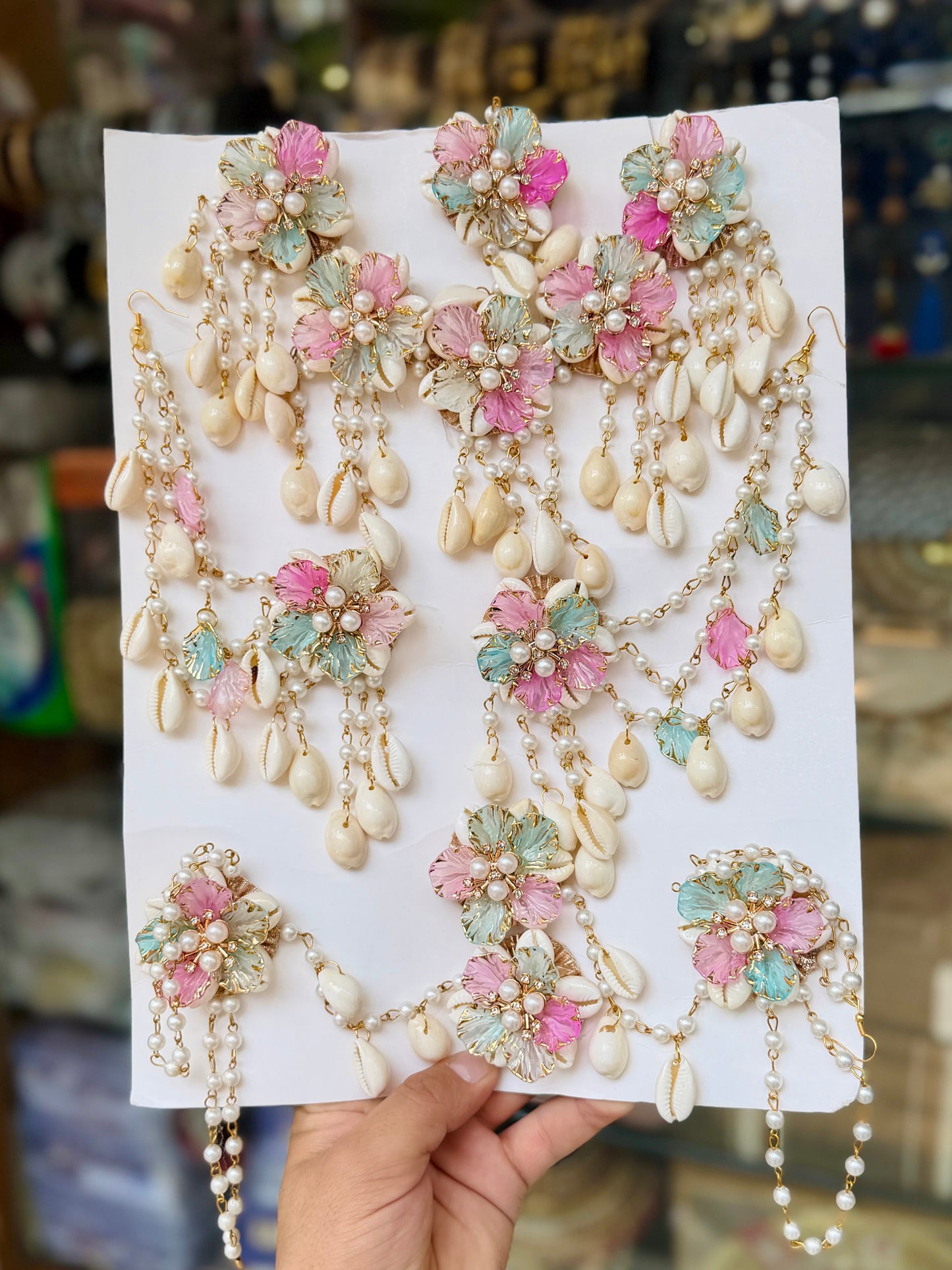 Sky And Pink Pastel Mermaid Floral Shells & Pearl Bridal Jewellery Set.