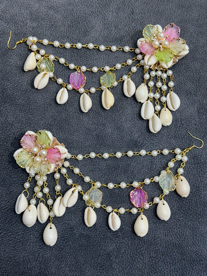 Pink & Sage Green Cowrie Shell Floral Earring Tikka Set ET006