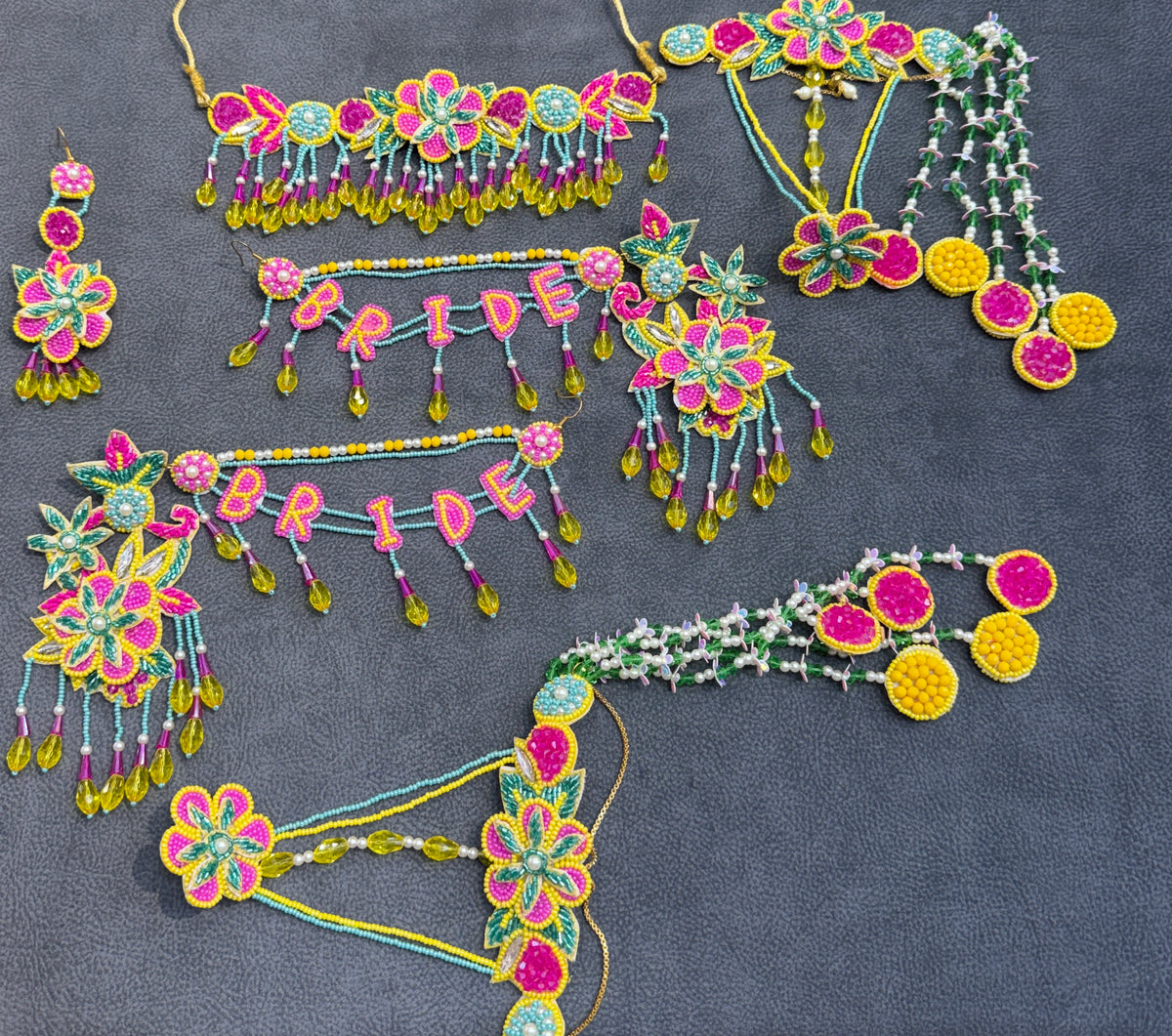 Pink & Yellow Floral Beaded Bride Haldi Mehendi Jewellery Set