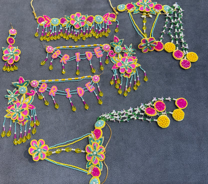Pink & Yellow Floral Beaded Bride Haldi Mehendi Jewellery Set