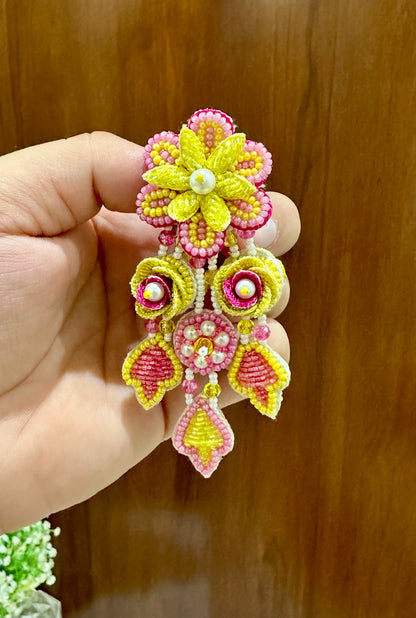 Yellow & Pink Handmade Beaded Floral Drop Earrings