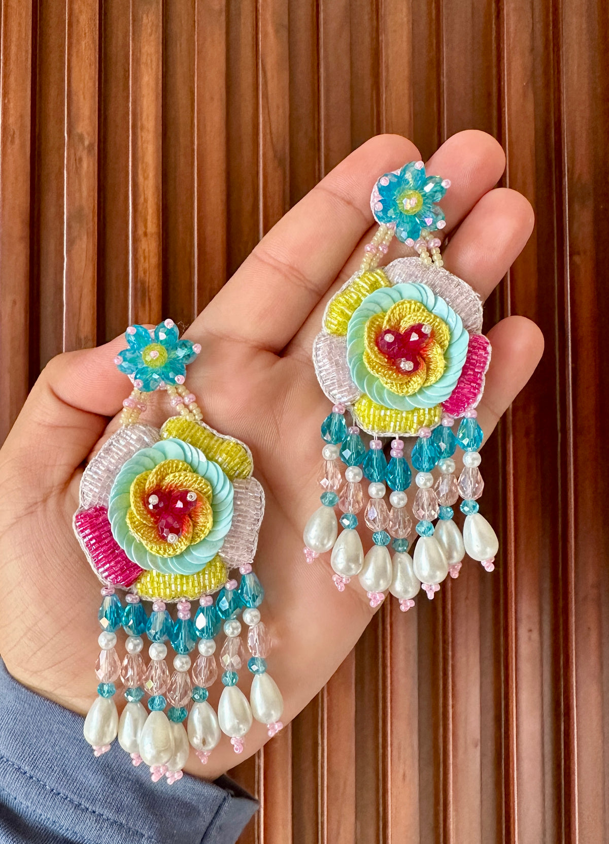 Multicolour Floral Beaded Earrings with Pearl-Look Drops