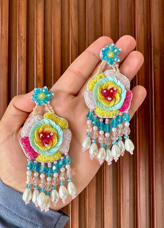 Multicolour Floral Beaded Earrings with Pearl-Look Drops