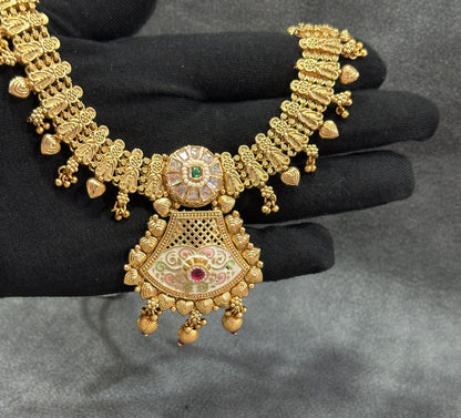 Antique Gold Temple Bridal Double Necklace Set with Haram & Drop Earrings NS00027