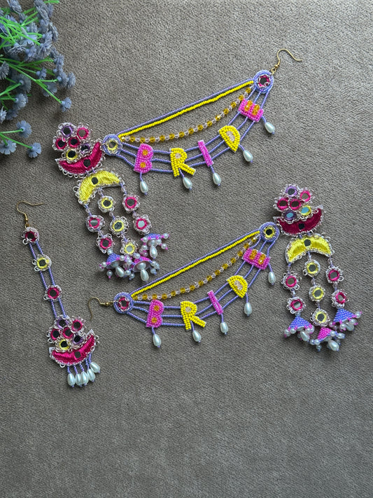 Bride Beaded Saankal Earring Tikka Set | Lavender, Fuchsia & Yellow Mirror Work Chandelier Jhumki
