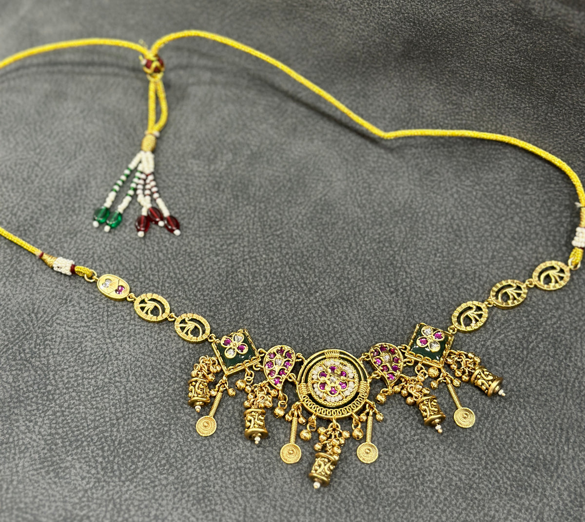 Temple Choker Necklace Set with Ruby Stones & Ghungroo Drops NS00019