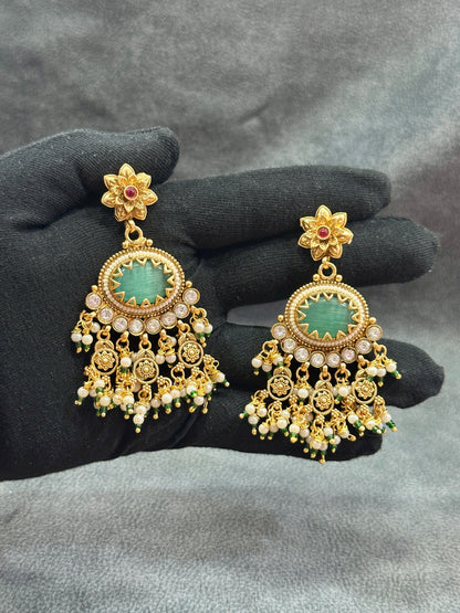 Antique Gold Emerald Kundan Necklace Set with Pearl Drop Earrings NS00030