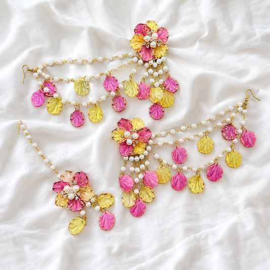Yellow Pink Earring Tikka Set