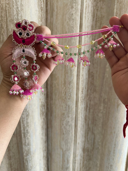 Fuchsia Pink Mirror Work Jhumki Earring Tikka Set with Beaded Saankal & Jhumki Drops