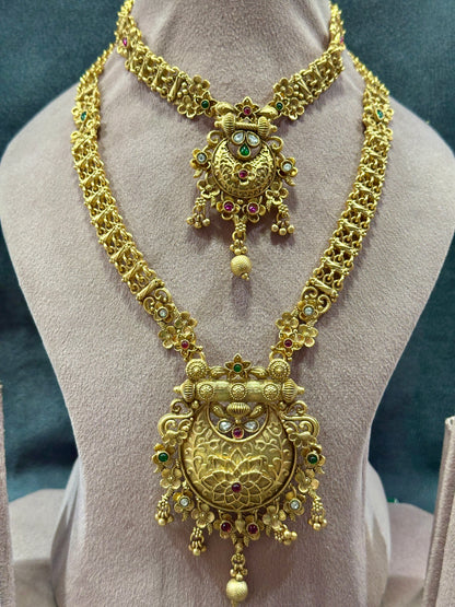 Antique Gold Chandbali Pendant Bridal Double Necklace Set with Drop Earrings NS00024