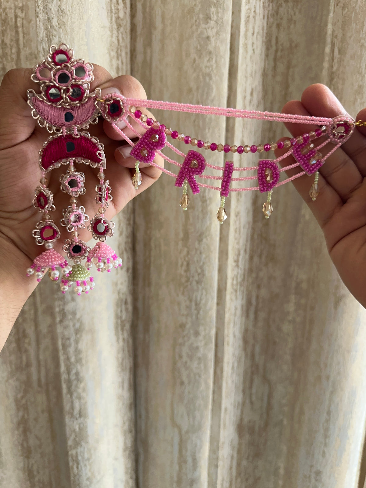 Pink Bride Beaded Earring Tikka Set with Mirror Work & Jhumki
