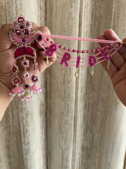 Pink Bride Beaded Earring Tikka Set with Mirror Work & Jhumki
