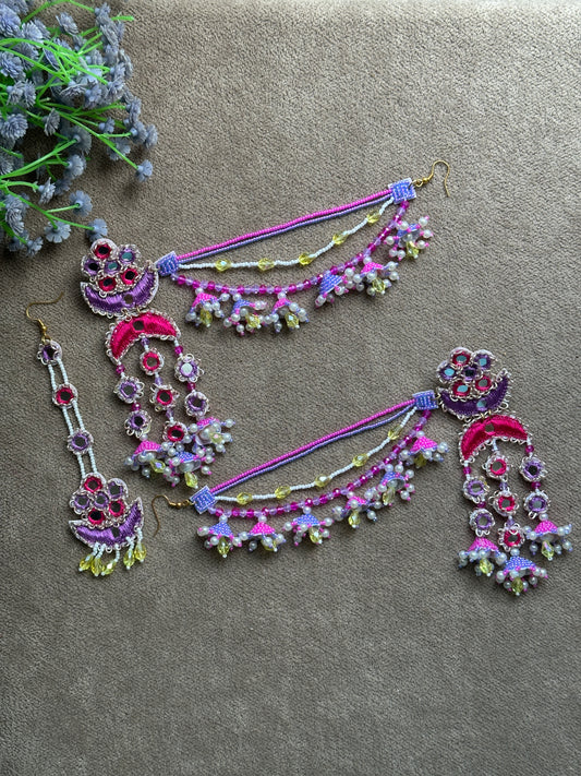 Purple & Pink Mirror Work Chandelier Jhumki Earring Tikka Set with Beaded Saankal