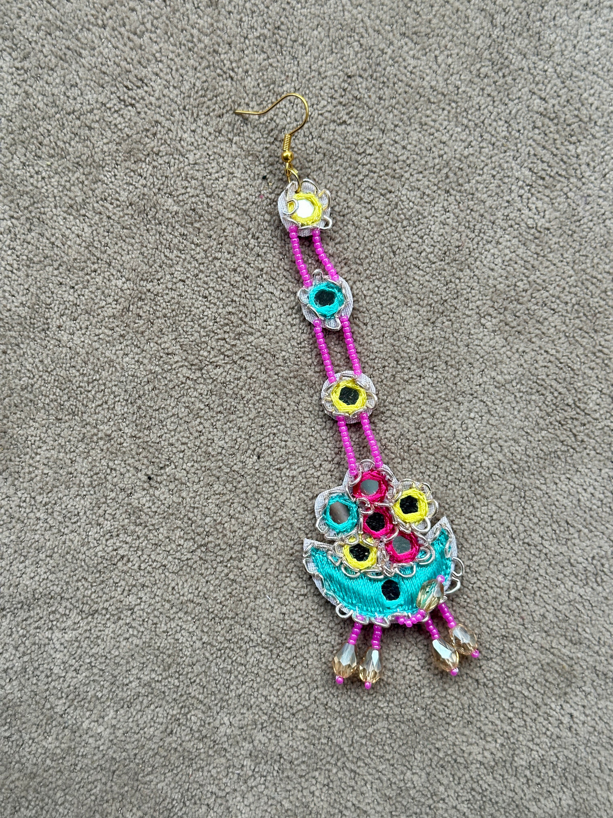 Mirror Work Beaded Jhumka Earring Tikka Set – Yellow, Pink & Teal