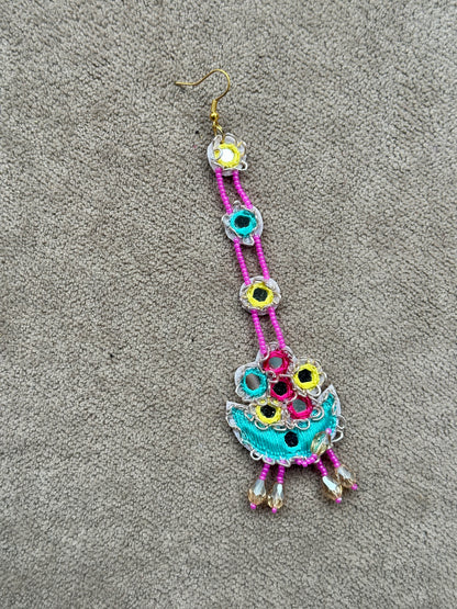 Mirror Work Beaded Jhumka Earring Tikka Set – Yellow, Pink & Teal