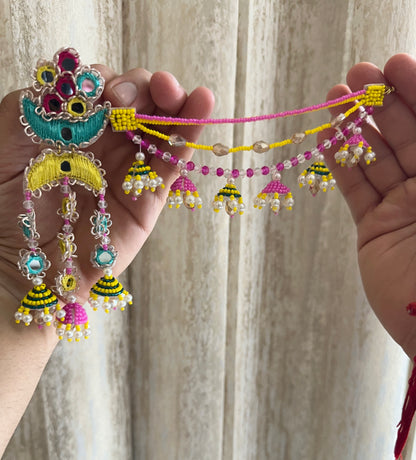 Multicolour Beaded Earring Tikka Set with Mirror Work & Mini Jhumki Chain