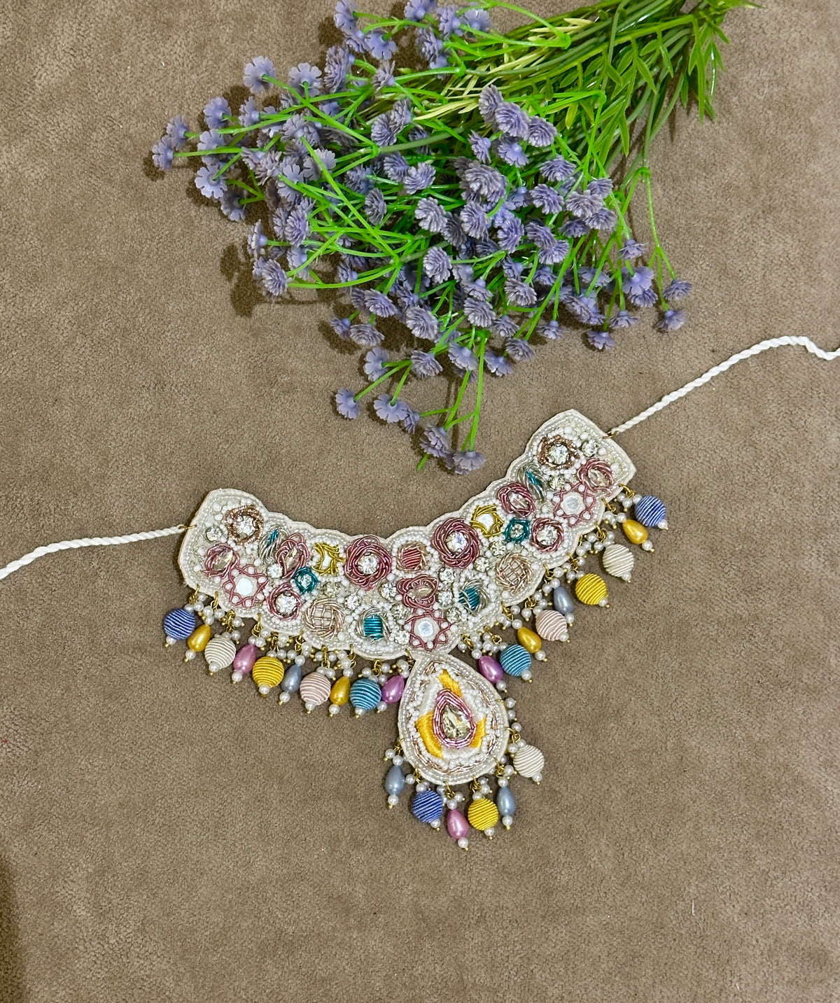 Pastel Beaded Haldi Jewellery Set – Necklace, Earrings, Tikka & Hathphool