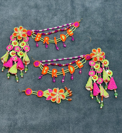 Pink & Lime Floral Beaded Haldi Mehendi Full Jewellery Set