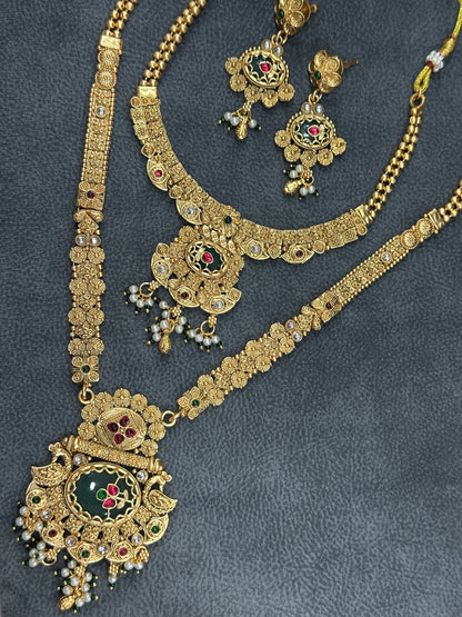 Antique Gold Elephant Motif Bridal Double Necklace Set with Haram & Earrings NS00026