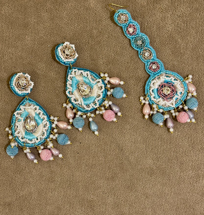 Sky Blue Beaded Haldi Jewellery Set – Necklace, Earrings, Tikka & Hathphool