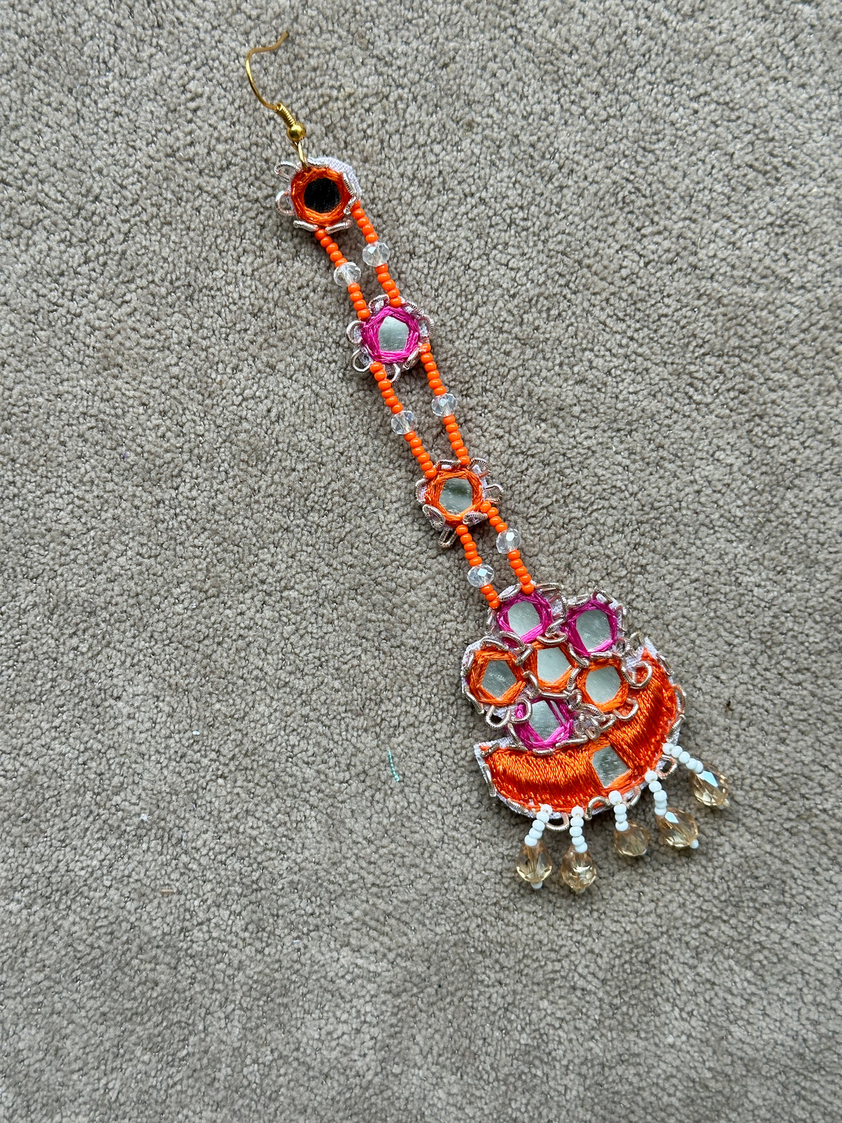 Beaded Bride Earring Tikka Set with Mirror Work – Orange & Pink