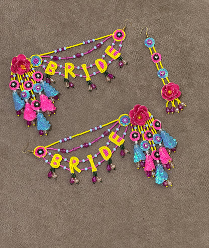 Yellow, Pink & Turquoise Floral BRIDE Earring Tikka Set
