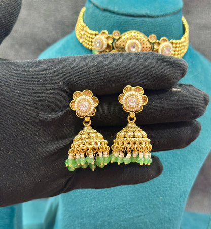 Kundan Pearl Choker Necklace Set with Mint Green Drops NS00020