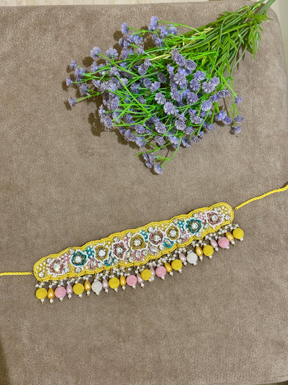 Lemon Yellow Soutache Bridal Jewellery Set – Necklace, Earrings, Tikka & Hathphool