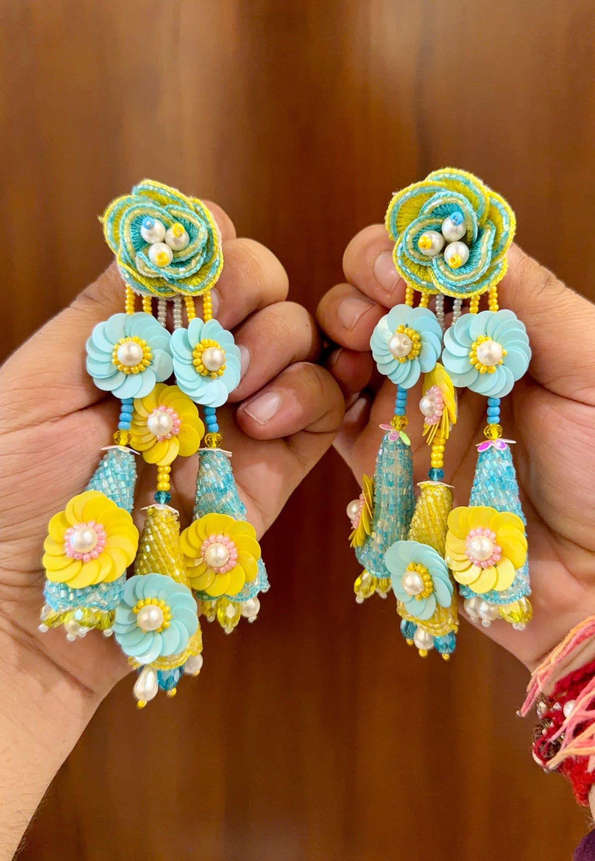 Aqua Blue & Yellow Handmade Floral Beaded Earrings