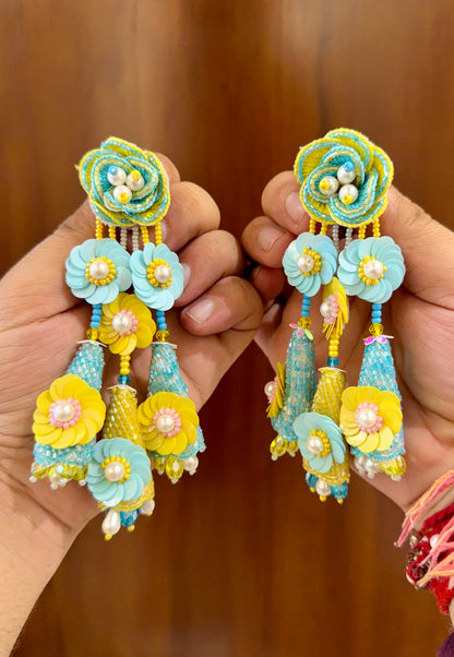 Aqua Blue & Yellow Handmade Floral Beaded Earrings