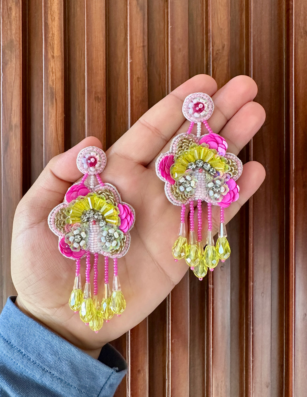 Pink & Yellow Floral Beaded Statement Earrings