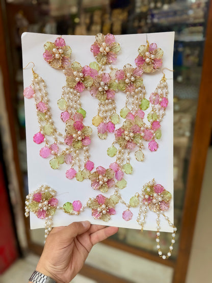 Ethereal Blossom: Handcrafted Pearl and Pastel Floral Multi-Piece Resin Jewellery Set for Haldi & Mehandi
