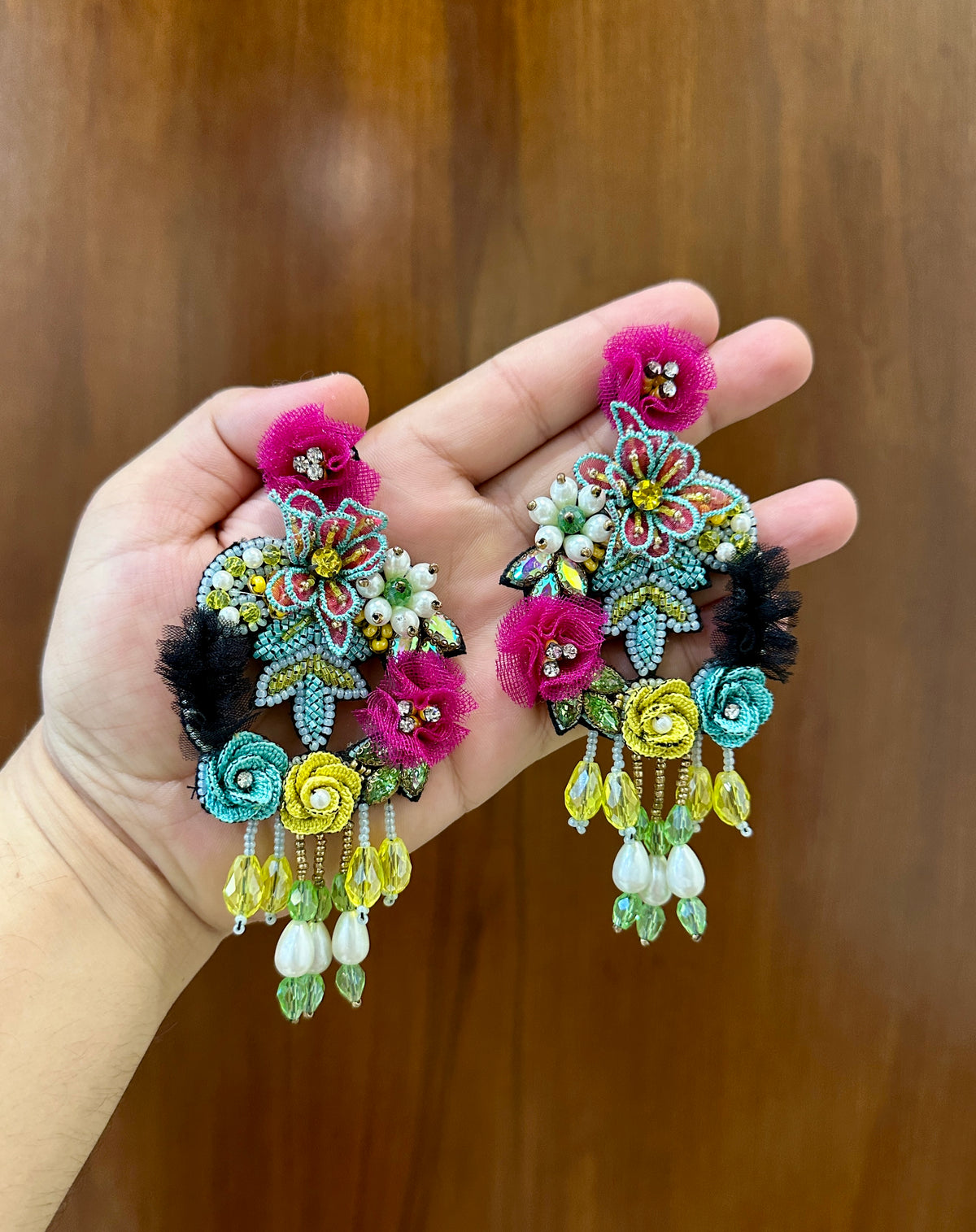 Multicolour Handmade Beaded Floral Statement Earrings