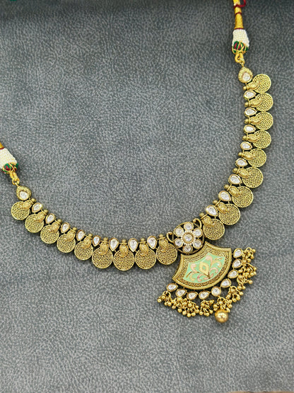 Kundan Meenakari Necklace Set with Fan Pendant & Ghungroo Drops NS00015