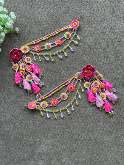Beaded Handmade Jewellery Pink Yellow Earring Tikka Set